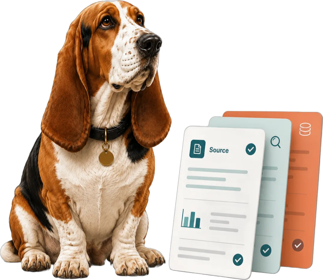 Digby beside three stacked result cards: a source document, a search view, and a data layer, each check-marked
