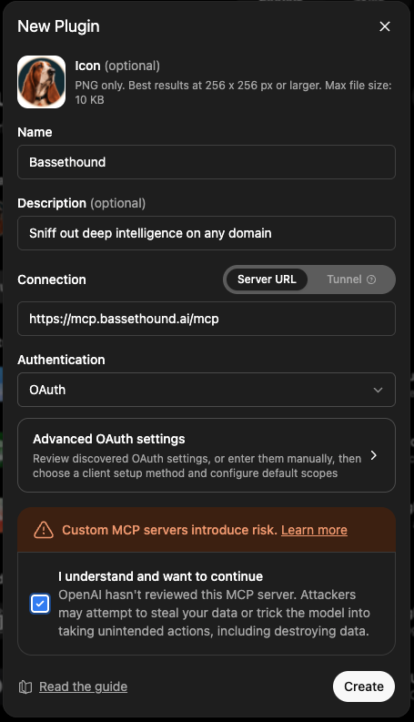 The ChatGPT New Plugin dialog: Bassethound, the mcp.bassethound.ai/mcp server URL, and Authentication set to OAuth.