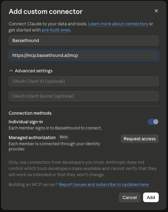 The Claude Add custom connector dialog: Bassethound, the mcp.bassethound.ai/mcp URL, and Individual sign-in enabled.